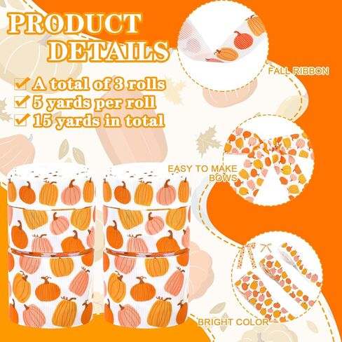 3 Rolls Fall Ribbons 15 Yards Pink Orange Pumpkin Grosgrain Ribbon Pumpkin Fabric Craft Ribbon for Autumn Thanksgiving Wrapping DIY Crafts in Saudi Arabia