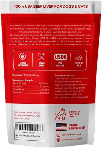 Beef Liver Dog Treats, Freeze Dried Liver Treats for Dogs & Cats, Single Ingredient, Human Grade, No Additives, High Protein, Grain Free, Gluten Free, All Natural Meal Topper, Made in the USA in Saudi Arabia