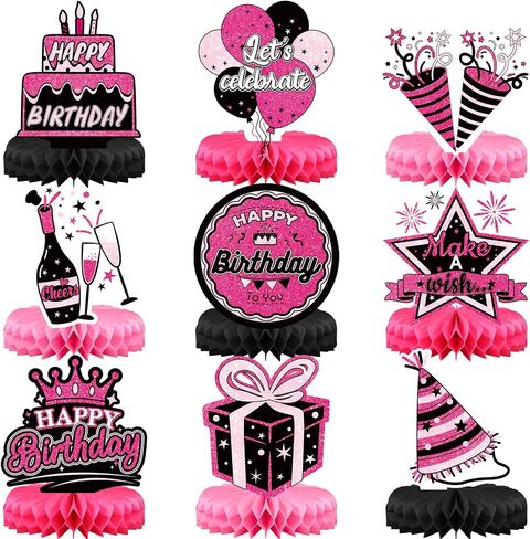 Funrous 9 Pcs Pink and Black Birthday Party Decorations Hot Pink and Black Honeycomb Table Centerpieces Sign Happy Birthday Princess Table Decor for Women Girls Doll Theme Party Supplies in Saudi Arabia