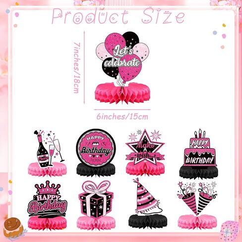 Funrous 9 Pcs Pink and Black Birthday Party Decorations Hot Pink and Black Honeycomb Table Centerpieces Sign Happy Birthday Princess Table Decor for Women Girls Doll Theme Party Supplies in Saudi Arabia