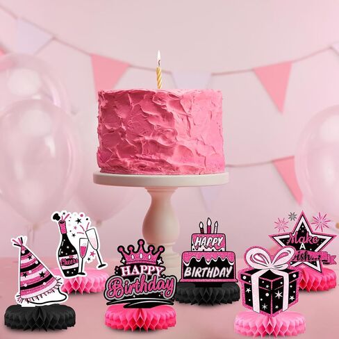 Funrous 9 Pcs Pink and Black Birthday Party Decorations Hot Pink and Black Honeycomb Table Centerpieces Sign Happy Birthday Princess Table Decor for Women Girls Doll Theme Party Supplies in Saudi Arabia