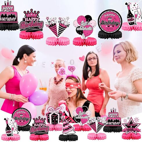 Funrous 9 Pcs Pink and Black Birthday Party Decorations Hot Pink and Black Honeycomb Table Centerpieces Sign Happy Birthday Princess Table Decor for Women Girls Doll Theme Party Supplies in Saudi Arabia