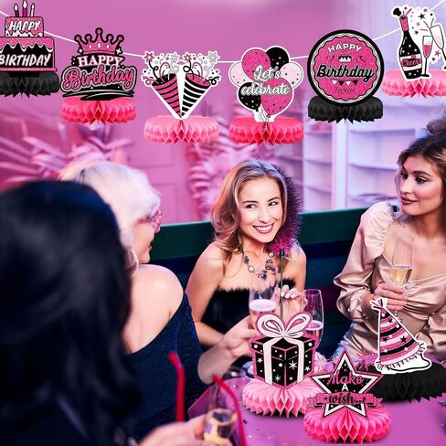 Funrous 9 Pcs Pink and Black Birthday Party Decorations Hot Pink and Black Honeycomb Table Centerpieces Sign Happy Birthday Princess Table Decor for Women Girls Doll Theme Party Supplies in Saudi Arabia