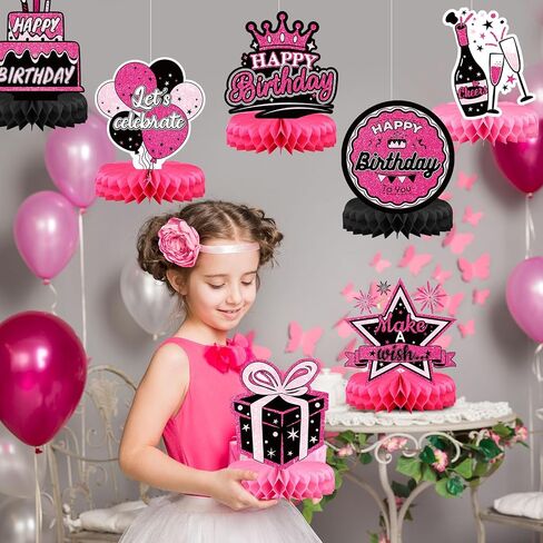 Funrous 9 Pcs Pink and Black Birthday Party Decorations Hot Pink and Black Honeycomb Table Centerpieces Sign Happy Birthday Princess Table Decor for Women Girls Doll Theme Party Supplies in Saudi Arabia