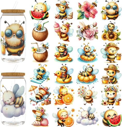 24PCS UV DTF Cup Wraps for 16 oz,Cute Bee UV DTF Cup Wrap Stickers Smooth and Durable, Vivid Colors,Suitable for Mugs, Cell Phone Cases, Office Decoration in Kuwait