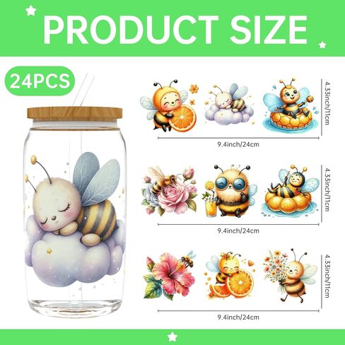 24PCS UV DTF Cup Wraps for 16 oz,Cute Bee UV DTF Cup Wrap Stickers Smooth and Durable, Vivid Colors,Suitable for Mugs, Cell Phone Cases, Office Decoration in Kuwait