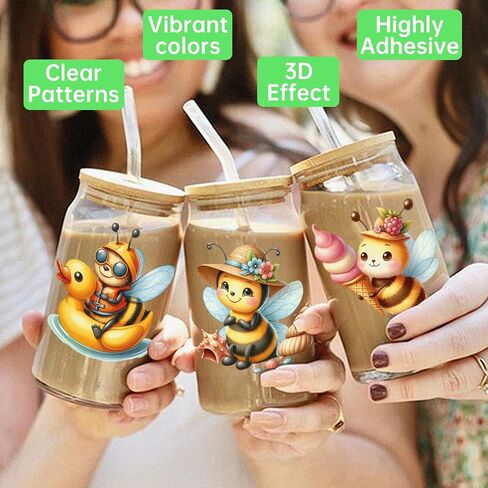 24PCS UV DTF Cup Wraps for 16 oz,Cute Bee UV DTF Cup Wrap Stickers Smooth and Durable, Vivid Colors,Suitable for Mugs, Cell Phone Cases, Office Decoration in Kuwait