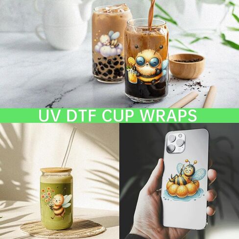 24PCS UV DTF Cup Wraps for 16 oz,Cute Bee UV DTF Cup Wrap Stickers Smooth and Durable, Vivid Colors,Suitable for Mugs, Cell Phone Cases, Office Decoration in Kuwait