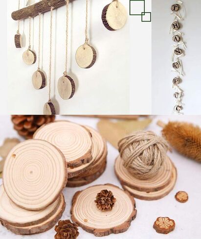 50pcs شرائح خشبية ، أفضل 2-2.4 بوصة دوائر خشبية غير مستقرة مع زخارف خشبية طبيعية ثقب مع حبل الجوت 10 أمتار للفنون DIY in Kuwait