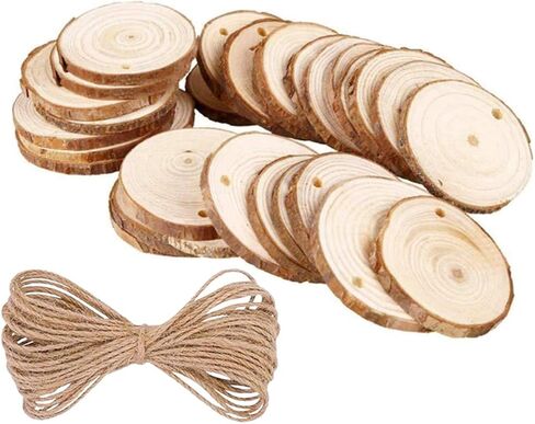 50pcs شرائح خشبية ، أفضل 2-2.4 بوصة دوائر خشبية غير مستقرة مع زخارف خشبية طبيعية ثقب مع حبل الجوت 10 أمتار للفنون DIY in Kuwait