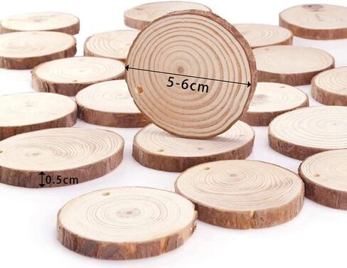 50pcs شرائح خشبية ، أفضل 2-2.4 بوصة دوائر خشبية غير مستقرة مع زخارف خشبية طبيعية ثقب مع حبل الجوت 10 أمتار للفنون DIY in Kuwait