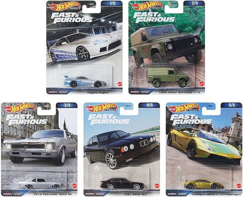 Hot Wheels 2023 Fast & Furious Premium 5 - Pack (HNW46‑956D) | Toyota Supra ، Land Rover Defender ، Chevy Nova SS ، BMW M5 & Lamborghini Gallardo | 1:64 حزمة مركبة أفلام مقطوعة in Saudi Arabia