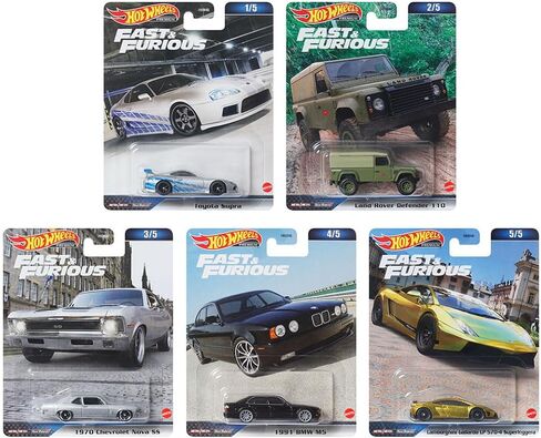 Hot Wheels 2023 Fast & Furious Premium 5 - Pack (HNW46‑956D) | Toyota Supra ، Land Rover Defender ، Chevy Nova SS ، BMW M5 & Lamborghini Gallardo | 1:64 حزمة مركبة أفلام مقطوعة in Saudi Arabia