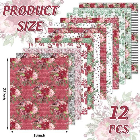 12 Pcs Poinsettia Flower Cotton Fabric Bundles 18 x 22 Inch Floral Pine Branches Christmas Fat Quarters Watercolor Sewing Fabrics for Spring Summer Xmas Winter DIY Craft Party Decor in Saudi Arabia