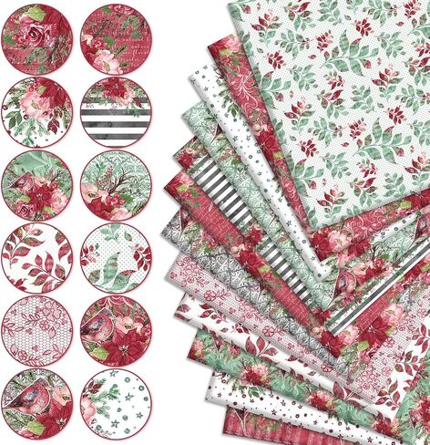 12 Pcs Poinsettia Flower Cotton Fabric Bundles 18 x 22 Inch Floral Pine Branches Christmas Fat Quarters Watercolor Sewing Fabrics for Spring Summer Xmas Winter DIY Craft Party Decor in Saudi Arabia