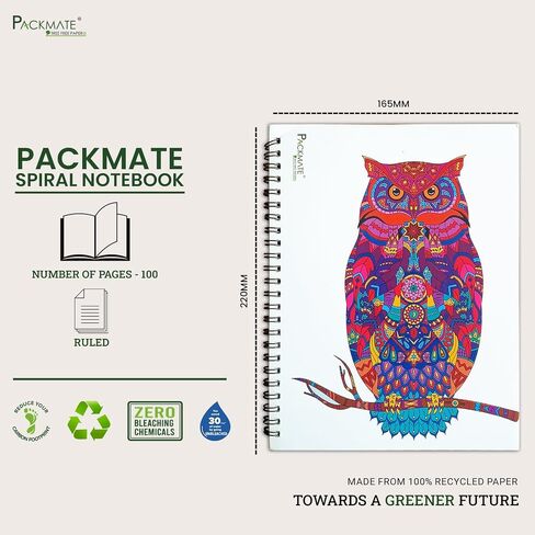 Packmate Zentangle Art, Owl Design, Spiral Notebook, (Pack of 3), Unbleached Chemical free Recycled Paper, Sustainable Product in Saudi Arabia