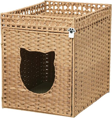 LUCKITTY Handwoven Rattan Cat Litter Box Enclosure for Large Litter Boxes, Includes 1 Litter Mat & 2 S-Hook Attachments, Furniture-Grade Hidden House for Living Room, Bedroom, 24.6"x24"x19.88" (Brown) in Saudi Arabia