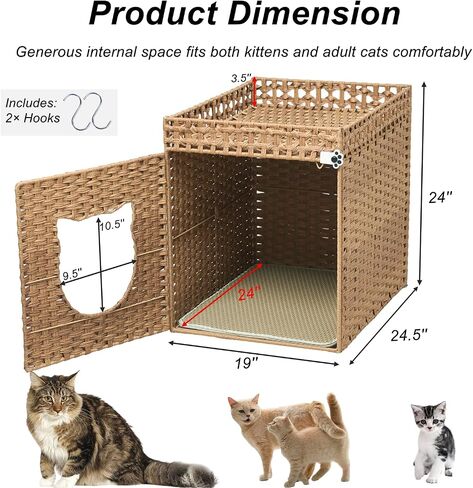 LUCKITTY Handwoven Rattan Cat Litter Box Enclosure for Large Litter Boxes, Includes 1 Litter Mat & 2 S-Hook Attachments, Furniture-Grade Hidden House for Living Room, Bedroom, 24.6"x24"x19.88" (Brown) in Saudi Arabia