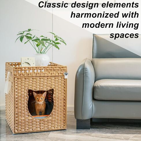 LUCKITTY Handwoven Rattan Cat Litter Box Enclosure for Large Litter Boxes, Includes 1 Litter Mat & 2 S-Hook Attachments, Furniture-Grade Hidden House for Living Room, Bedroom, 24.6"x24"x19.88" (Brown) in Saudi Arabia