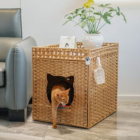 LUCKITTY Handwoven Rattan Cat Litter Box Enclosure for Large Litter Boxes, Includes 1 Litter Mat & 2 S-Hook Attachments, Furniture-Grade Hidden House for Living Room, Bedroom, 24.6"x24"x19.88" (Brown) in Saudi Arabia