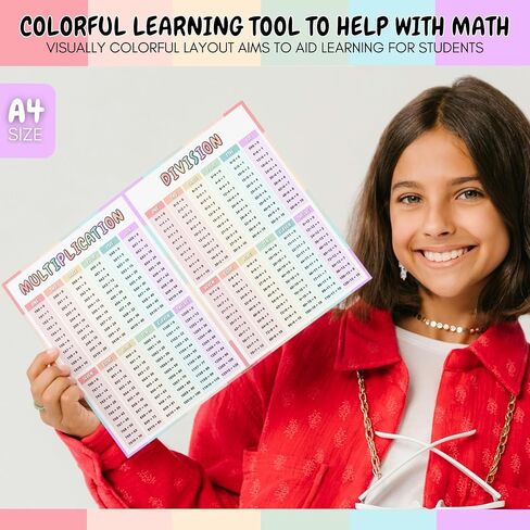 إضافة الرياضيات والطرح والضرب والقسمة للأطفال-ملصق مغلص من الجوانب A4-محو جاف قابل لإعادة الاستخدام-جدول تعليمي ملون-بطاقة سميكة 450GSM-4 في 1 مساعدة التعليمية in Saudi Arabia