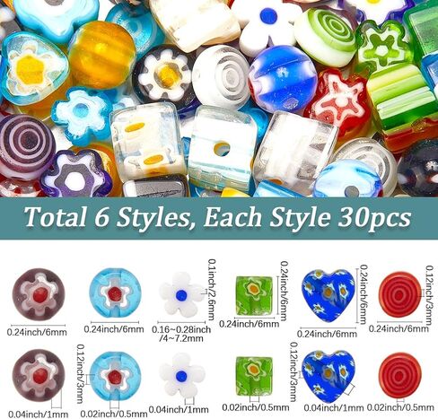 1 مربع 6 أنماط 180pcs مختلطة Millefiori المصباح المصباح المصباح يدويًا حبات زجاجية مع ثقوب متنوعة من قلب زهرة مستديرة الشكل مكعب سحر فضفاضة لمجوهرات صنع الأساور المصممة الحرفة in Kuwait