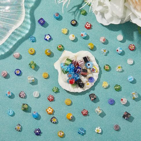 1 مربع 6 أنماط 180pcs مختلطة Millefiori المصباح المصباح المصباح يدويًا حبات زجاجية مع ثقوب متنوعة من قلب زهرة مستديرة الشكل مكعب سحر فضفاضة لمجوهرات صنع الأساور المصممة الحرفة in Kuwait