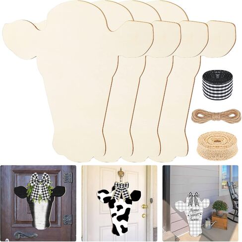 Weysat Cow Head Wood Cutout Door Hanger غير مكتمل قطع بقرة من الخشب مقاطع مزرعة فارغة شريحة فارغة مع شريط وخيوط لشراعات باب الحرف DIY 12 بوصة (4 قطع) in Saudi Arabia