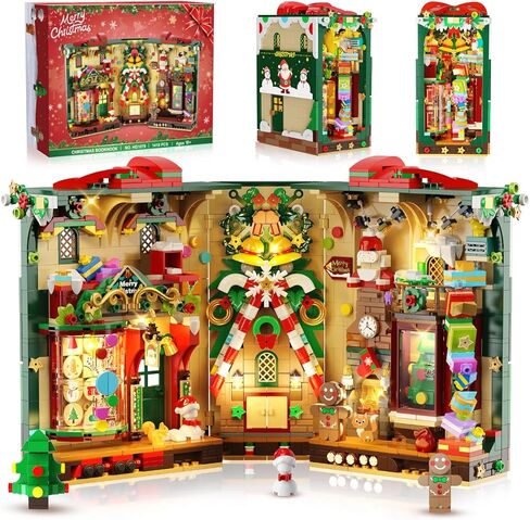 كتاب عيد الميلاد زاوية بناء مجموعة مع الأضواء ، Booknook Booknook Build Kit مع Gingerbread House Santa Xmas Tree ، منزل بناء منزل للبالغين المراهقين الفتيات الأعمار 10+ in Kuwait