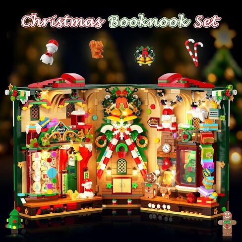 كتاب عيد الميلاد زاوية بناء مجموعة مع الأضواء ، Booknook Booknook Build Kit مع Gingerbread House Santa Xmas Tree ، منزل بناء منزل للبالغين المراهقين الفتيات الأعمار 10+ in Kuwait