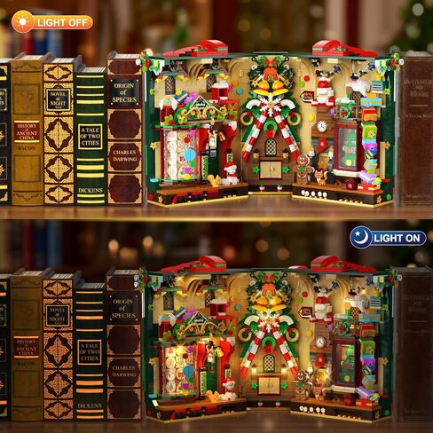 كتاب عيد الميلاد زاوية بناء مجموعة مع الأضواء ، Booknook Booknook Build Kit مع Gingerbread House Santa Xmas Tree ، منزل بناء منزل للبالغين المراهقين الفتيات الأعمار 10+ in Kuwait