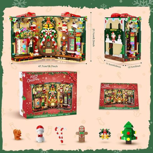 كتاب عيد الميلاد زاوية بناء مجموعة مع الأضواء ، Booknook Booknook Build Kit مع Gingerbread House Santa Xmas Tree ، منزل بناء منزل للبالغين المراهقين الفتيات الأعمار 10+ in Kuwait