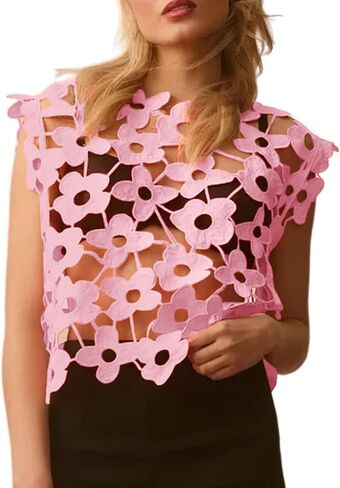 Women's Hollow Out Floral Lace Vest Sleeveless Crewneck Crochet Cover Up Summer Cropped Going Out Tops in Kuwait