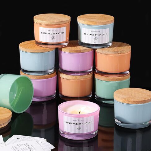REISEN 12 PCS Assorted-Color Candle Jars for Making Candles, 4 OZ Glass Jars with Bamboo Lids and Sticky Warning Labels, Candle Containers for DIY Gifts, Candle Making Supplies in Kuwait