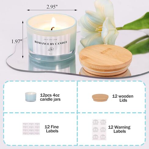 REISEN 12 PCS Assorted-Color Candle Jars for Making Candles, 4 OZ Glass Jars with Bamboo Lids and Sticky Warning Labels, Candle Containers for DIY Gifts, Candle Making Supplies in Kuwait