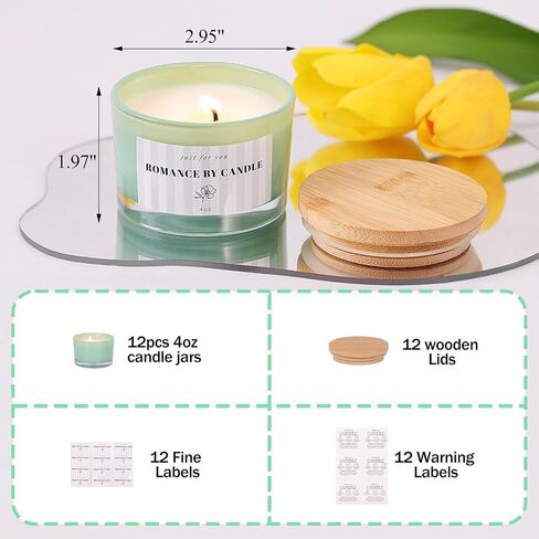 REISEN 12 PCS Assorted-Color Candle Jars for Making Candles, 4 OZ Glass Jars with Bamboo Lids and Sticky Warning Labels, Candle Containers for DIY Gifts, Candle Making Supplies in Kuwait