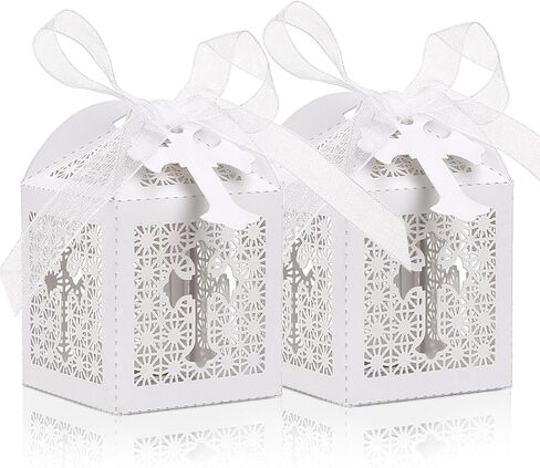 Yinsun 50 PCS Laser Cut Wedding Favor Joxes 2x2x2 Inch Hights Boxes with Ribbon and Tags- Barty Party Fords لحفلات الزفاف ، ودشات الأطفال ، وميلاد (أبيض) in Kuwait
