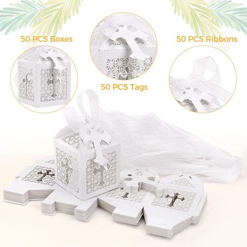 Yinsun 50 PCS Laser Cut Wedding Favor Joxes 2x2x2 Inch Hights Boxes with Ribbon and Tags- Barty Party Fords لحفلات الزفاف ، ودشات الأطفال ، وميلاد (أبيض) in Kuwait