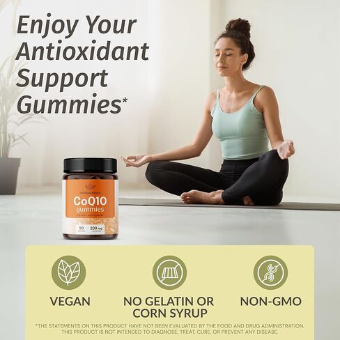 علكات HERBAMAMA CoQ10 - أنزيم Q10 (Ubiquinol) فيتامين - صمغ مضاد للأكسدة ودعم الطاقة للبالغين - نكهة الموز النباتية الخالية من الغلوتين - 200 مجم 90 مضغ in Kuwait