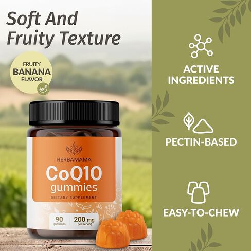 علكات HERBAMAMA CoQ10 - أنزيم Q10 (Ubiquinol) فيتامين - صمغ مضاد للأكسدة ودعم الطاقة للبالغين - نكهة الموز النباتية الخالية من الغلوتين - 200 مجم 90 مضغ in Kuwait