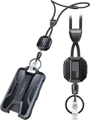 LIUGX Retractable Breakaway Lanyards for ID Badges Holder Keys, Carbon Fiber-Texture & American Flag, Badge Reel with Heavy Duty ID Card Holder (Holds 6 Cards) with 20" Cord, Keychain, 4.2 oz, Black in Kuwait