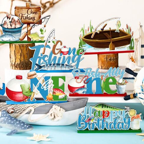 6 أجهزة كمبيوتر مثبتة صيد الأسماك زخارف صيد عيد ميلاد خشبي مركزية 3D علامة واحدة ديكور ديكوران لتوخم الحفلات للاستحمام الطفل 1 عيد ميلاد الصيف ديكور الأولاد in Saudi Arabia