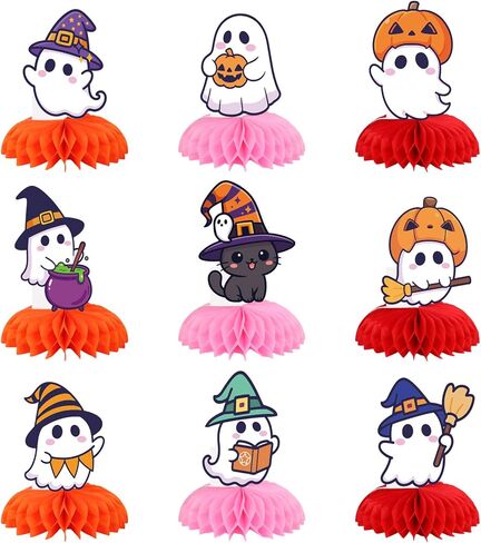 9pcs Halloween Ghost Honeycomb Centerps ، زخارف طاولة لطيفة مع أشباح اليقطين الساحرة والمكنسة in Kuwait