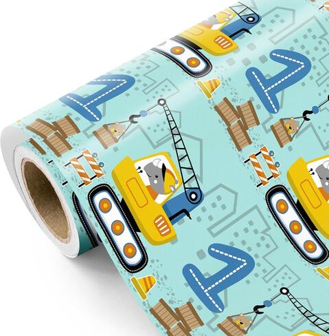 WRAPAHOLIC 3rd Birthday Wrapping Paper Roll - Mini Roll - 17 Inch x 16.5 Feet - Adorable Crane Truck Construction Wrapping Paper Perfect for Kids Boys Birthday, Baby Shower in Saudi Arabia