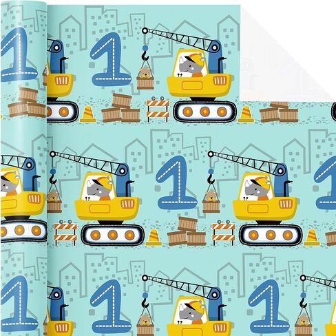 WRAPAHOLIC 3rd Birthday Wrapping Paper Roll - Mini Roll - 17 Inch x 16.5 Feet - Adorable Crane Truck Construction Wrapping Paper Perfect for Kids Boys Birthday, Baby Shower in Saudi Arabia