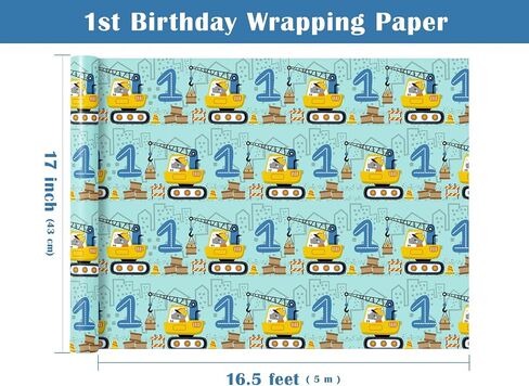 WRAPAHOLIC 3rd Birthday Wrapping Paper Roll - Mini Roll - 17 Inch x 16.5 Feet - Adorable Crane Truck Construction Wrapping Paper Perfect for Kids Boys Birthday, Baby Shower in Saudi Arabia