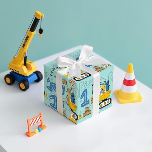WRAPAHOLIC 3rd Birthday Wrapping Paper Roll - Mini Roll - 17 Inch x 16.5 Feet - Adorable Crane Truck Construction Wrapping Paper Perfect for Kids Boys Birthday, Baby Shower in Saudi Arabia