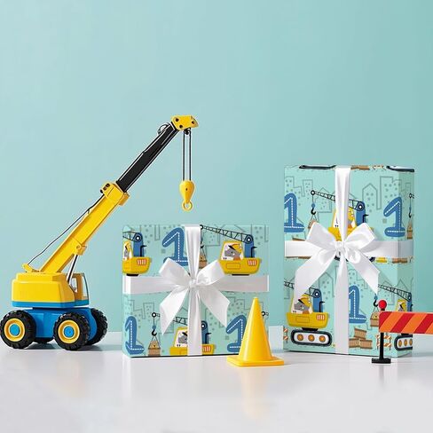 WRAPAHOLIC 3rd Birthday Wrapping Paper Roll - Mini Roll - 17 Inch x 16.5 Feet - Adorable Crane Truck Construction Wrapping Paper Perfect for Kids Boys Birthday, Baby Shower in Saudi Arabia