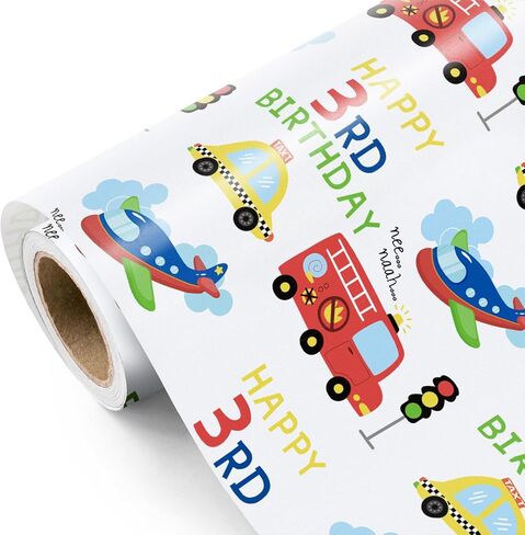 WRAPAHOLIC Transport 3rd Birthday Wrapping Paper - Mini Roll - 17 Inch x 16.5 Feet - Vehicles Cars Wrapping Paper for Kid Boys Birthday, Baby Shower in Saudi Arabia