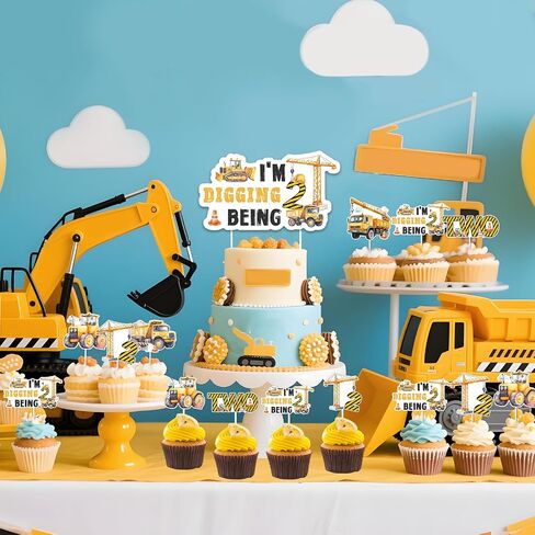 Construction 2nd Birthday Party Decoration Boy, 25pcs I’m Digging Being 2 Cake Cupcake Topper Double-Sided Printing for Boy 2nd 2 Year Old Construction Truck Excavator Birthday Decoration in Saudi Arabia
